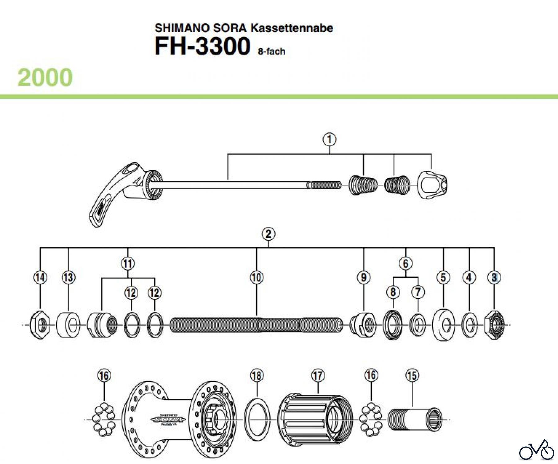  Shimano FH Free Hub - Freilaufnabe FH-3300,  2000 SHIMANO SORA Kassettennabe 8-fach