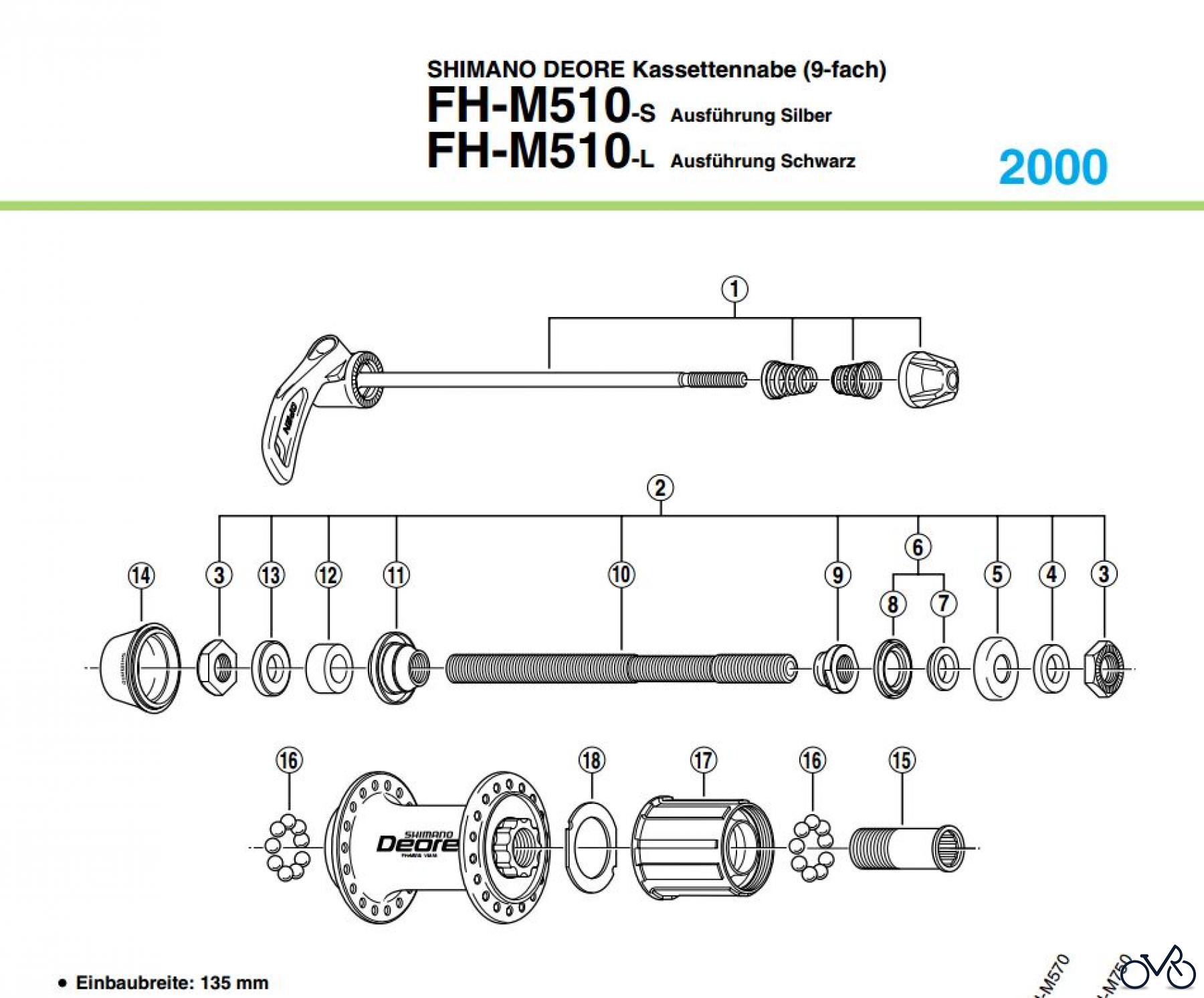  Shimano FH Free Hub - Freilaufnabe FH-M510 -1895 SHIMANO DEORE Kassettennabe (9-fach