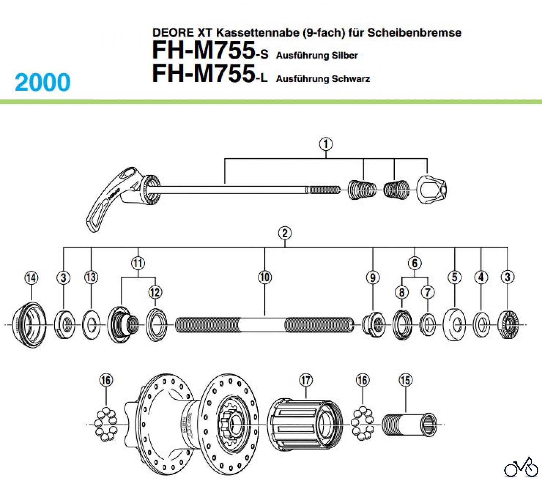  Shimano FH Free Hub - Freilaufnabe FH-M755 DEORE XT Kassettennabe (9-fach) für Scheibenbremse