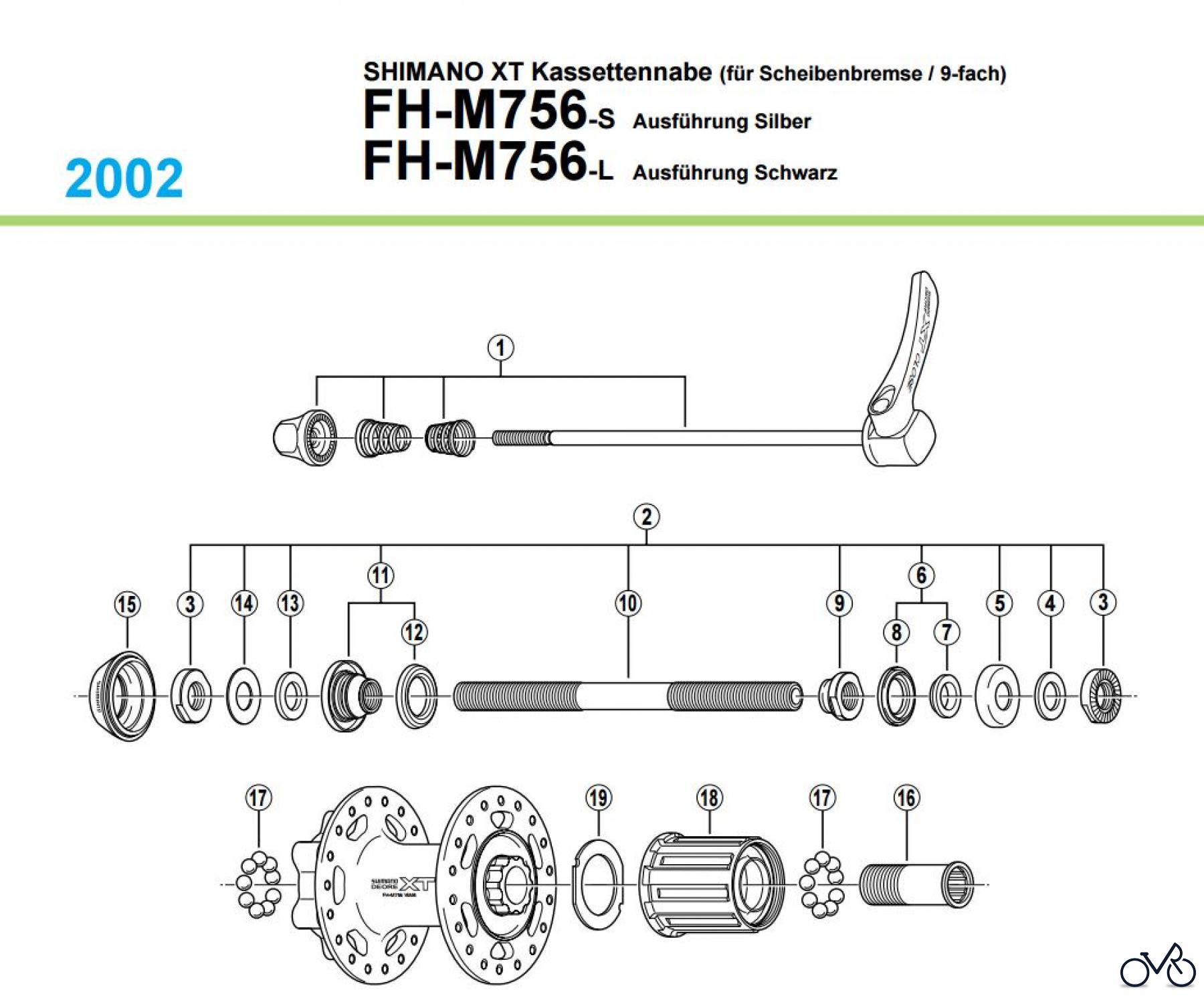  Shimano FH Free Hub - Freilaufnabe FH-M756 -2099, 2002 SHIMANO XT Kassettennabe (für Scheibenbremse / 9-fach)