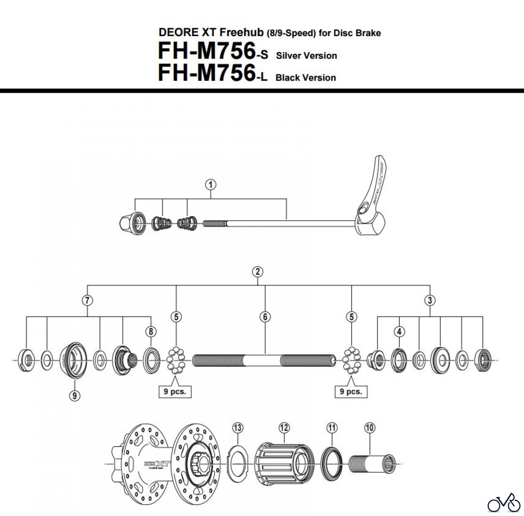  Shimano FH Free Hub - Freilaufnabe FH-M756-New Dustcap DEORE XT  Kassettennabe 8-/9-fach