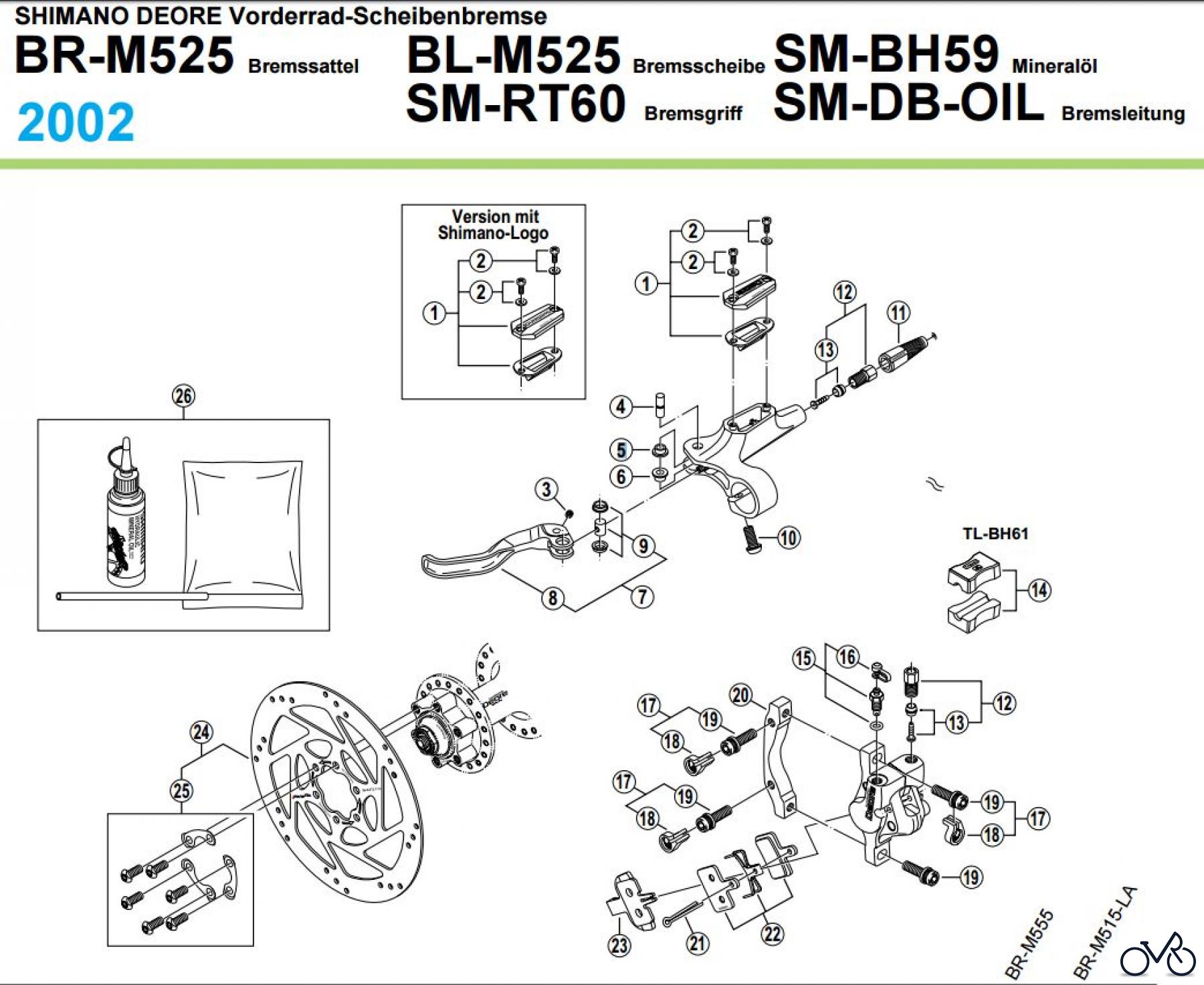  Shimano BR Brake - Bremse BR-M525, BL-M525 von 2002 SHIMANO DEORE Vorderrad-Scheibenbremse