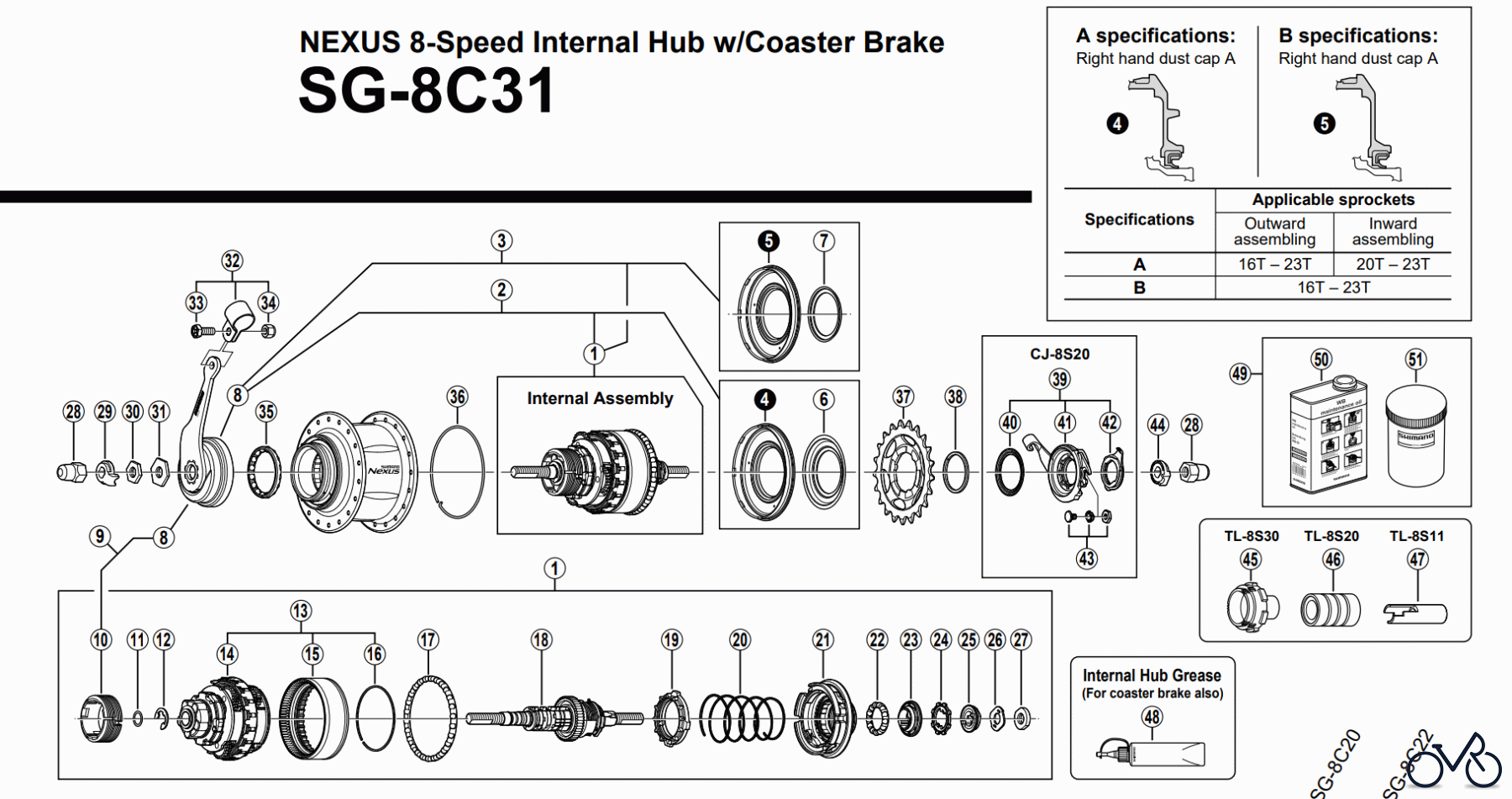  Shimano SG Getriebenabe /Nabenschaltung SG-8C31 NEXUS 8-Speed Internal Hub w/Coaster Brake