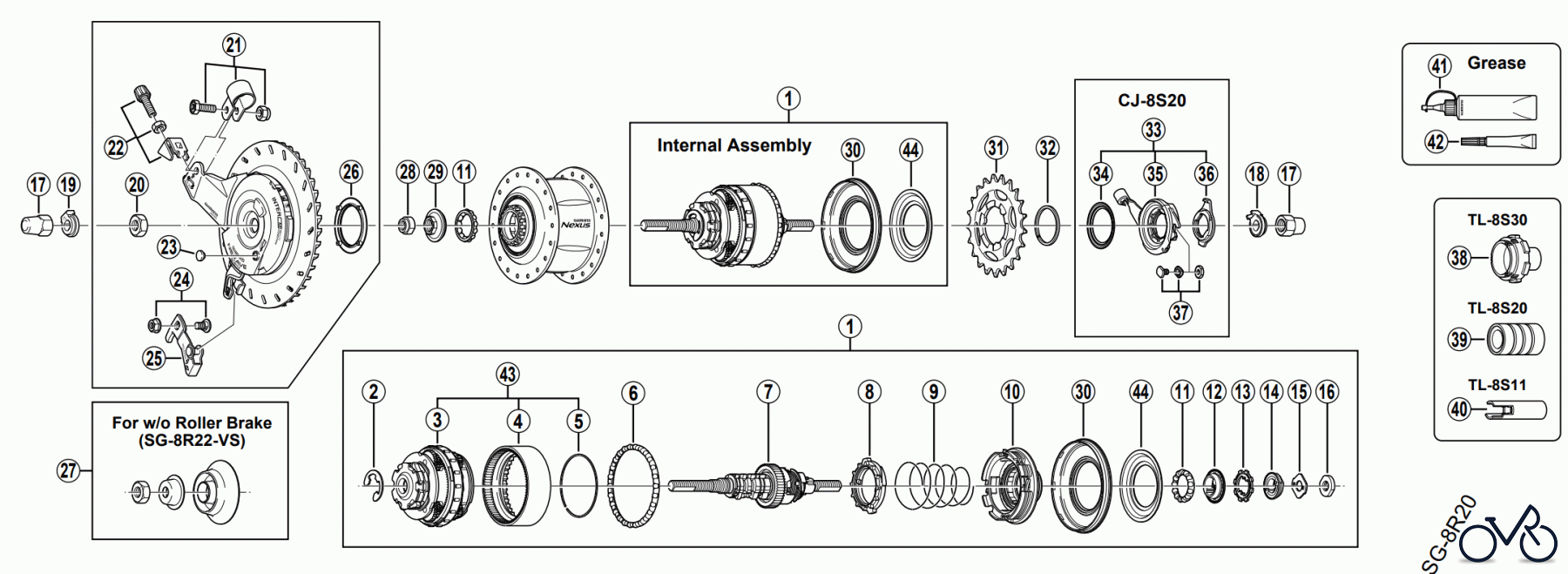  Shimano SG Getriebenabe /Nabenschaltung SG-8R22 NEXUS 8-SPEED HUB w/Hi-Power Roller Brake