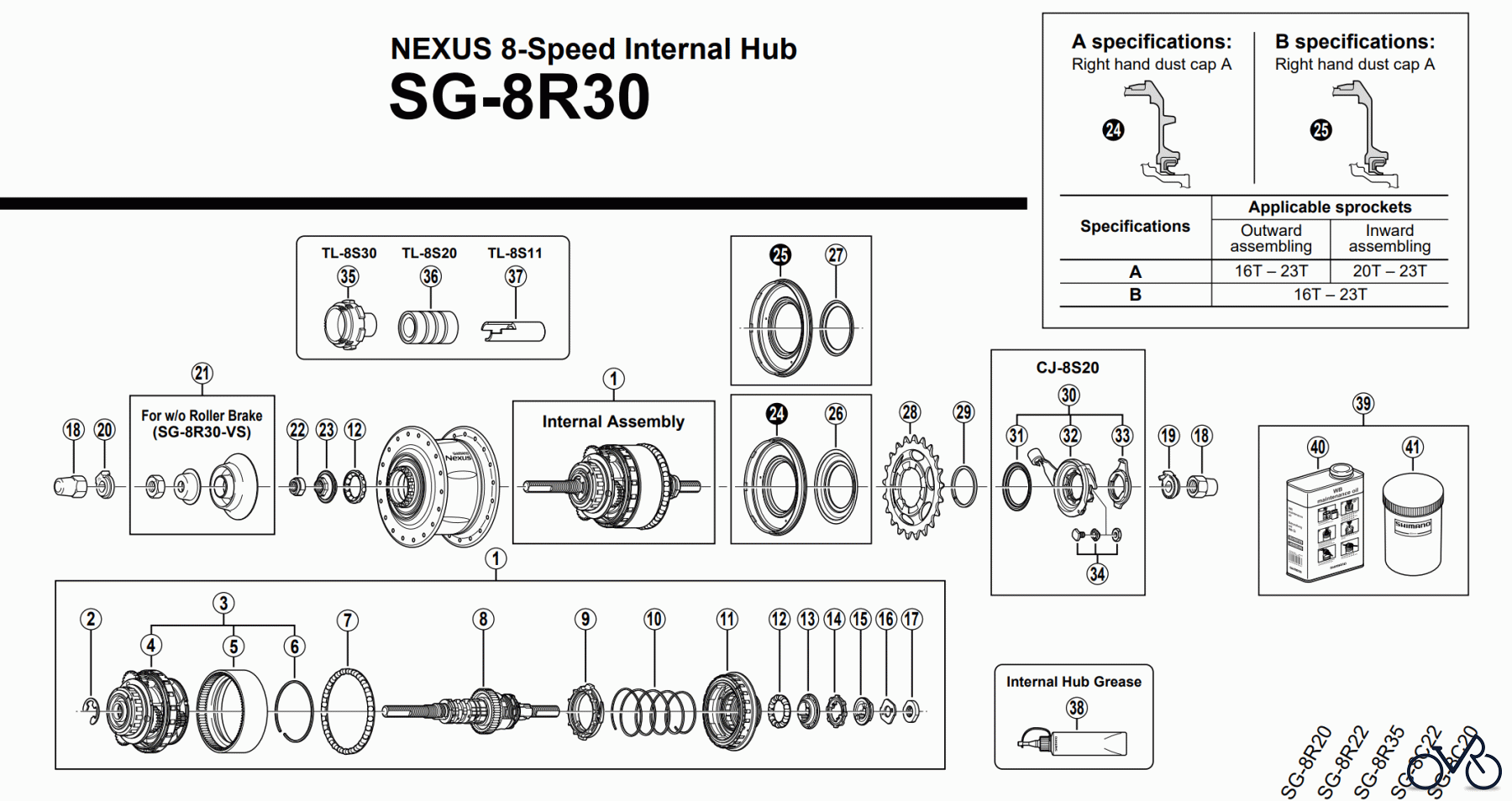  Shimano SG Getriebenabe /Nabenschaltung SG-8R30 NEXUS 8-Speed Internal Hub