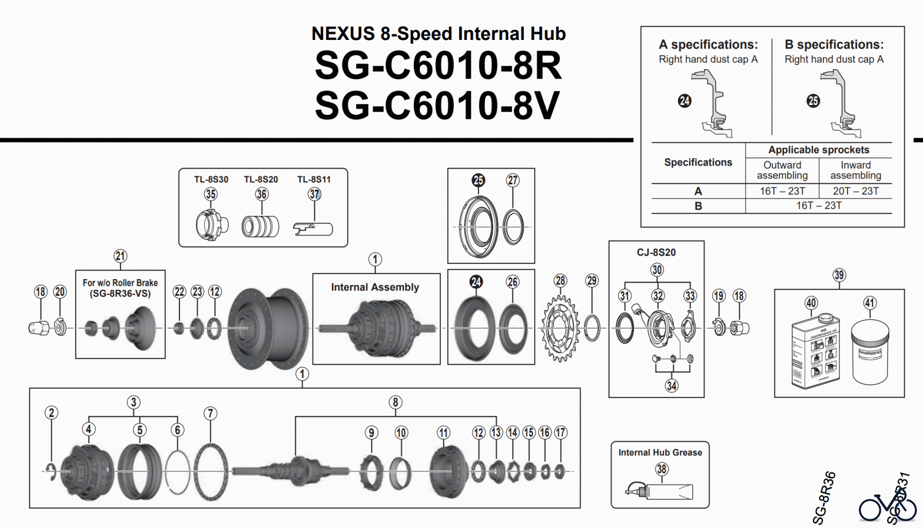  Shimano SG Getriebenabe /Nabenschaltung SG-C6010-8R, SG-C6010-8V NEXUS 8-Speed Internal Hub